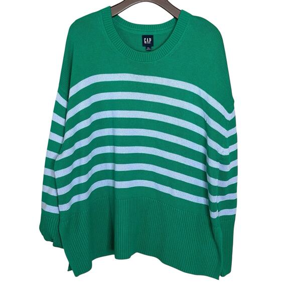 NWT Gap Pullover Sweater XL 24/7 Split-Hem Oversized Green Striped 100% Cotton - Picture 4 of 12